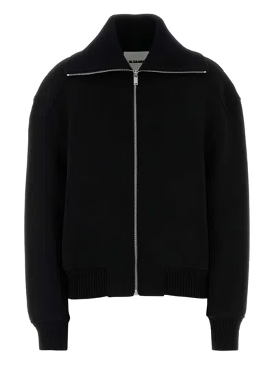 Jil Sander Wool Blend Bomber Jacket With High Collar In Black