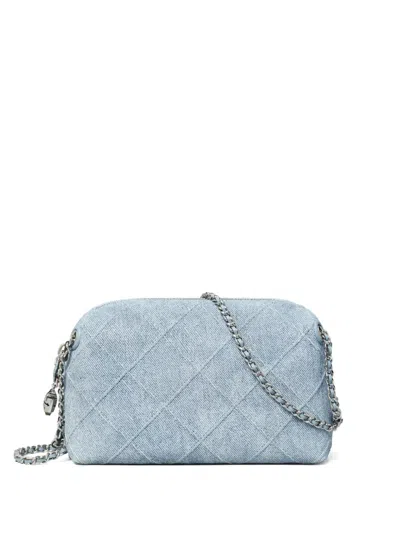 Tory Burch Fleming Denim-print Suede Crossbody Bag In Blue