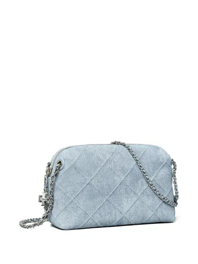 Tory Burch Fleming Denim-print Suede Crossbody Bag In Blue
