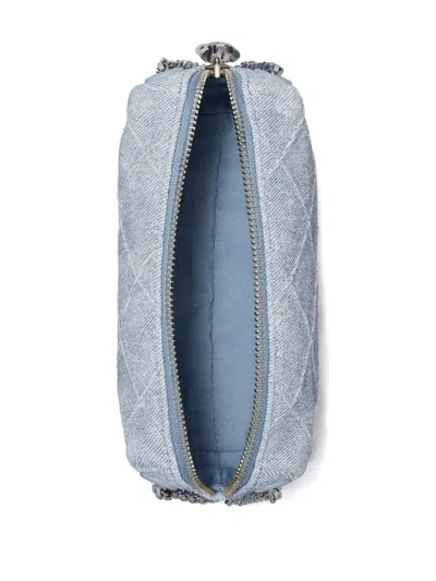 Tory Burch Fleming Denim-print Suede Crossbody Bag In Blue