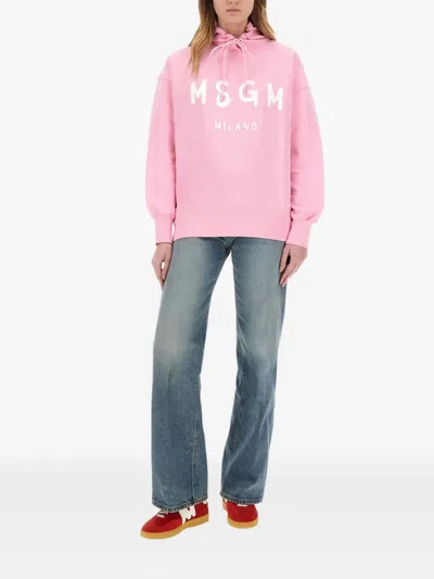 Msgm Hooded Sweatshirt With Drawstring And Ribbed Finish In Pink