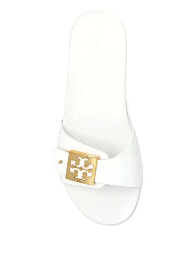 Tory Burch Slide Sandals With Metallic Buckle Accent In White