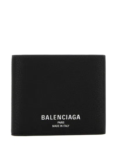Balenciaga Men Black Bi-fold Wallet With Logo Lettering On The Front In Grained Leather Man In Black