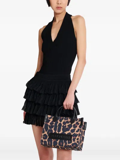 Balmain B-army Small Shopper Shoulder Bag In Leopard-print Canvas In Multi