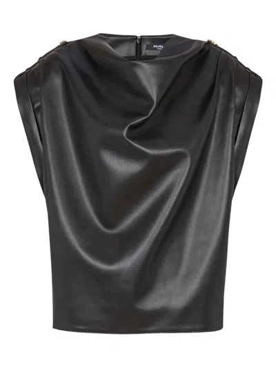 Balmain Cropped Eco-leather Draped Top In Black