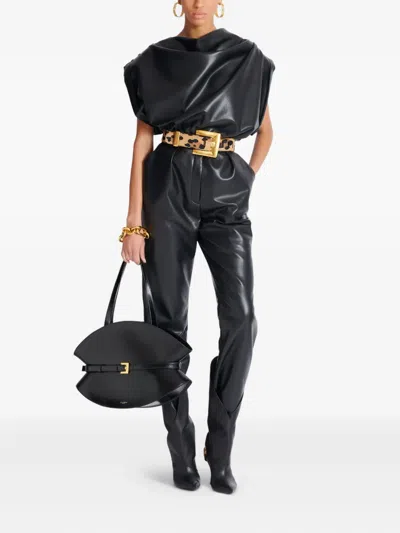 Balmain Cropped Eco-leather Draped Top In Black