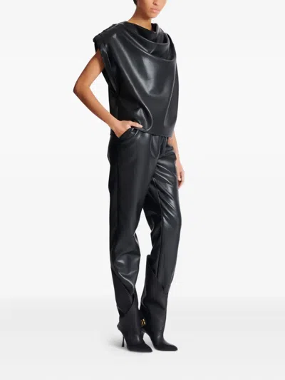 Balmain Cropped Eco-leather Draped Top In Black