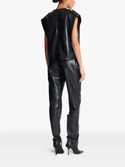 Balmain Cropped Eco-leather Draped Top In Black