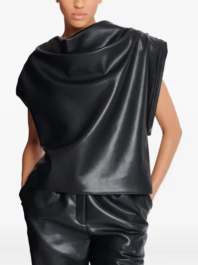 Balmain Cropped Eco-leather Draped Top In Black