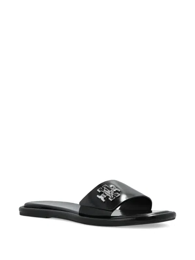 Tory Burch Turnlock Logo Leather Slides In Black
