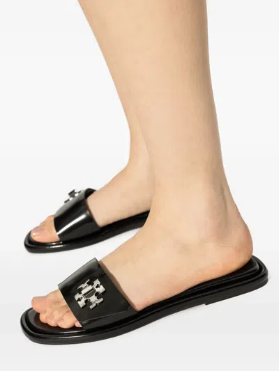 Tory Burch Turnlock Logo Leather Slides In Black