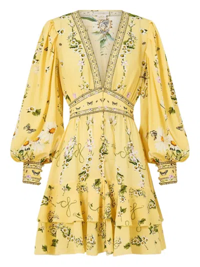 Camilla Daisy Chains Button Front Long Sleeve Silk Minidress In Yellow