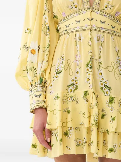 Camilla Daisy Chains Button Front Long Sleeve Silk Minidress In Yellow