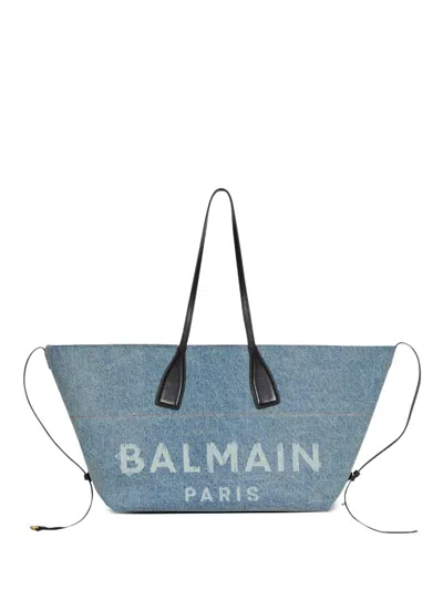Balmain Track Shoulder Bag In Denim And Calfskin Leather