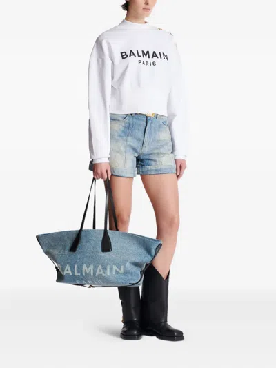 Balmain Track Shoulder Bag In Denim And Calfskin Leather