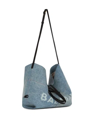 Balmain Track Shoulder Bag In Denim And Calfskin Leather