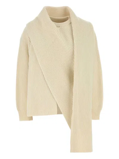 Jil Sander Wool Sweater With Dropped Shoulders And Long Scarf In Neutral