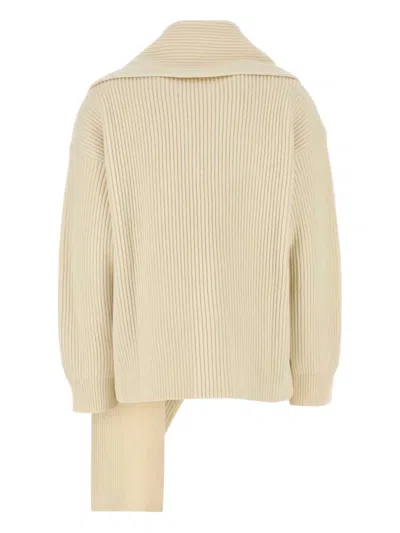 Jil Sander Wool Sweater With Dropped Shoulders And Long Scarf In Neutral
