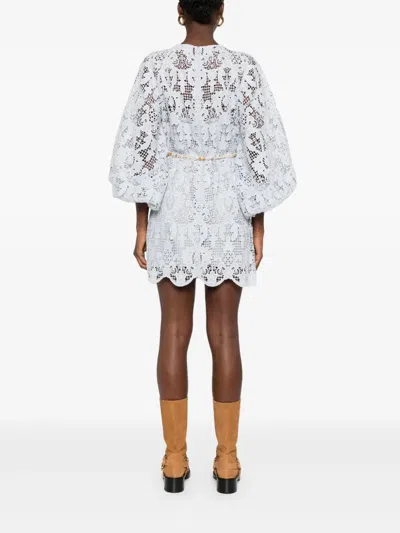 Zimmermann Ascension Lace Mini Dress W/ Belt In Blue