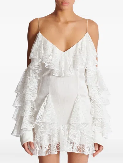 Balmain Flowing Dress With Lace Ruffles In White