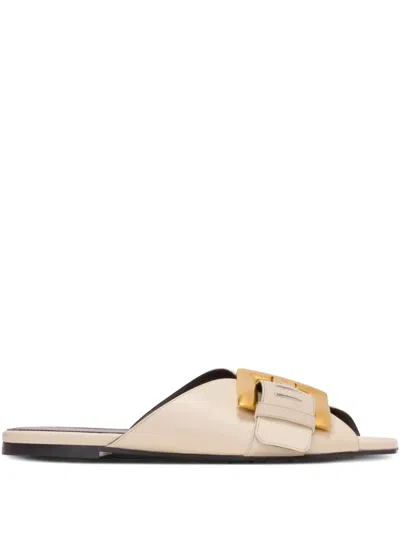 Balmain Anthem Flat Leather Sandals In Neutral