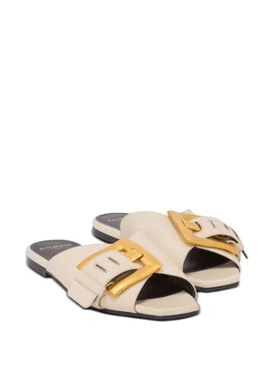 Balmain Anthem Flat Leather Sandals In Neutral