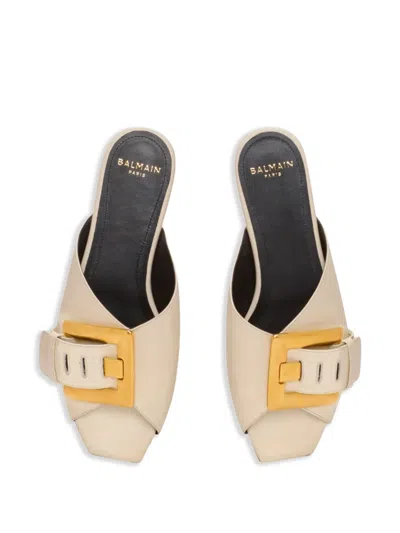 Balmain Anthem Flat Leather Sandals In Neutral