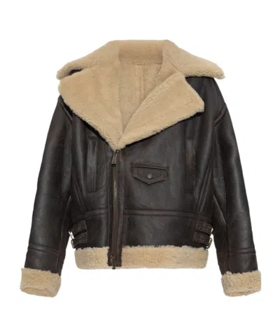 Dsquared2 Long Sleeve Leather Jacket In Brown