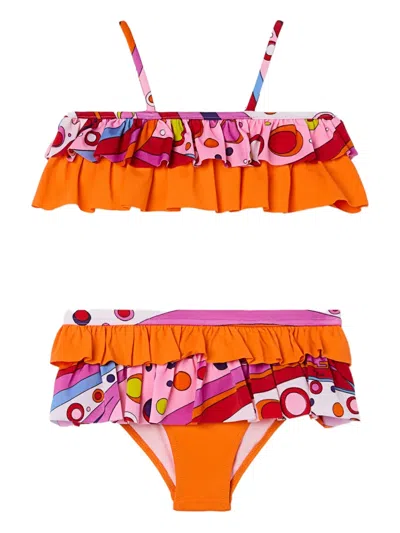 Pucci Junior Ruffled Printed Bikini In Orange