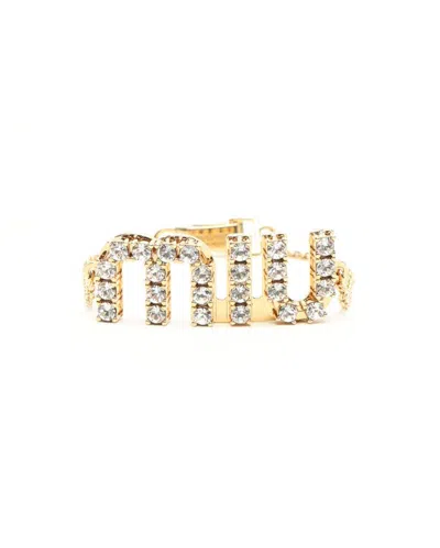 Miu Miu Logo Rhinestone Bracelet In Gold
