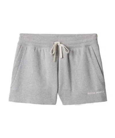 Miu Miu Cotton Shorts With Drawstring And Elastic Waistband In Gray