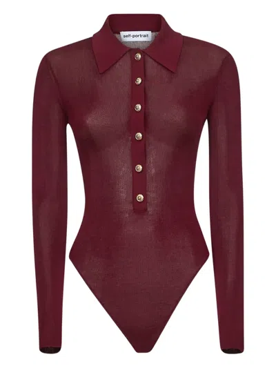 Self-portrait Burgundy Bodysuit With Collar And Front Buttons Self Portrait In Burgundy