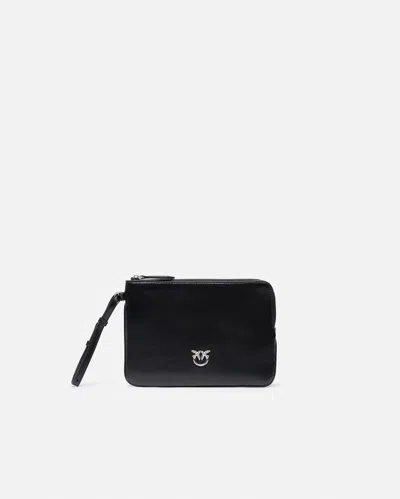 Pinko Square Wrist Clutch Bag With Uccellini Logo In Shiny Leather