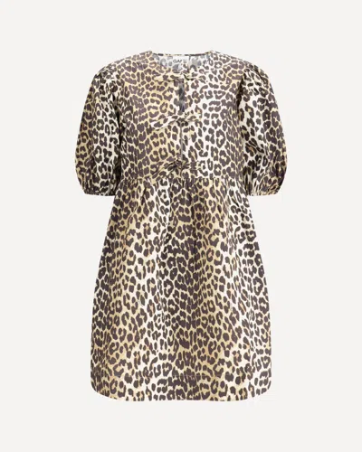 Ganni Brown Leopard Printed Cotton Tie String Minidress