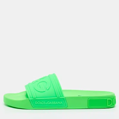 Pre-owned Dolce & Gabbana Green Rubber Logo Flat Slides Size 41