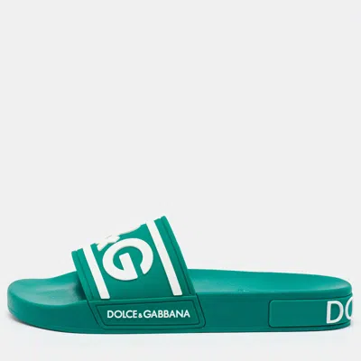 Pre-owned Dolce & Gabbana Dark Green Rubber Logo Flat Slides Size 41