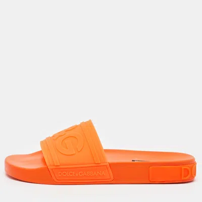 Pre-owned Dolce & Gabbana Neon Orange Rubber Logo Flat Slides Size 41