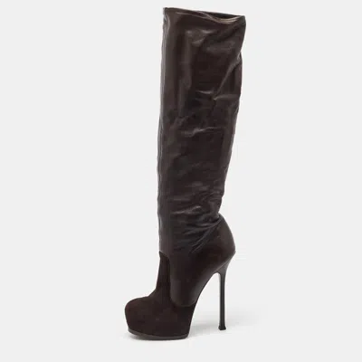 Pre-owned Saint Laurent Dark Brown Suede And Leather Platform Knee High Boots Size 40