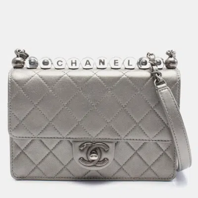 Pre-owned Chanel Silver Gray Leather Matelasse Mini Chain Crossbody Bag