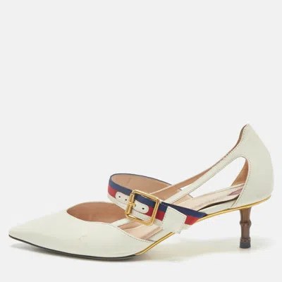 Pre-owned Gucci Cream Leather Sylvie Web Strap Bamboo Heel Unia Pumps Size 37.5