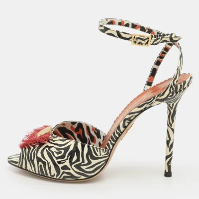Pre-owned Charlotte Olympia Zebra Print Python Embossed Leather Izzy Gone Wild Ankle Strap Sandals Size 38.5 In Black