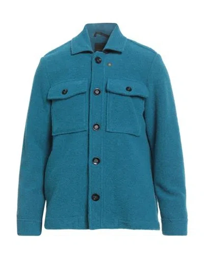 Officina 36 Man Shirt Deep Teal Size L Polyester, Virgin Wool In Blue