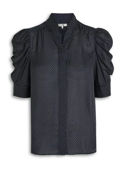 Frame The Gillian Ruched Polka-dot Silk-crepe Blouse In Blue