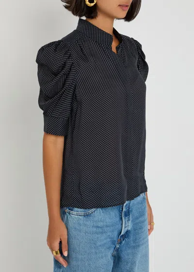 Frame The Gillian Ruched Polka-dot Silk-crepe Blouse In Blue