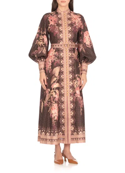 Zimmermann Floral-patterned Linen Maxi Dress With Puffed Sleeves In Brown