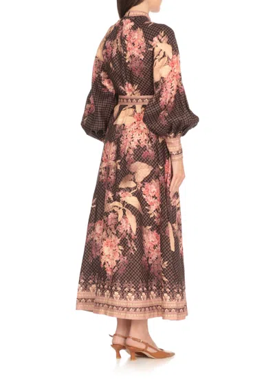 Zimmermann Floral-patterned Linen Maxi Dress With Puffed Sleeves In Brown