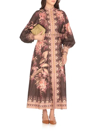 Zimmermann Floral-patterned Linen Maxi Dress With Puffed Sleeves In Brown