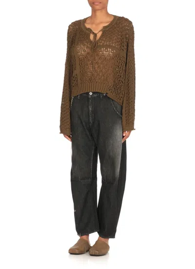 Y's Khaki Openwork Design Henry Wide Sleeve Sweater In Green