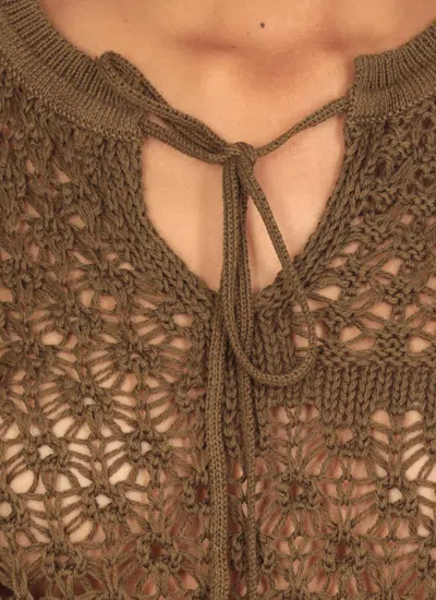 Y's Khaki Openwork Design Henry Wide Sleeve Sweater In Green