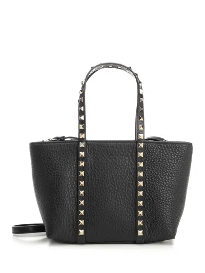 Valentino Garavani Rockstud Mini Tote In Hammered Leather In Black